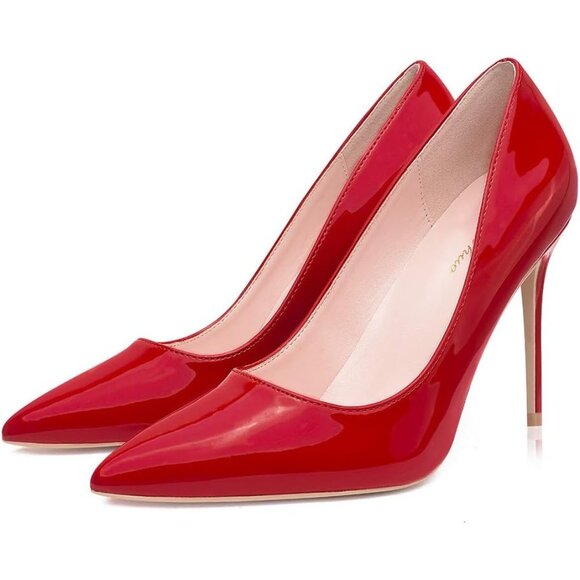 Women Red Polyurethane Closed Pointed Toe Stiletto High Heel Shoes Pumps - Picture 2 of 8